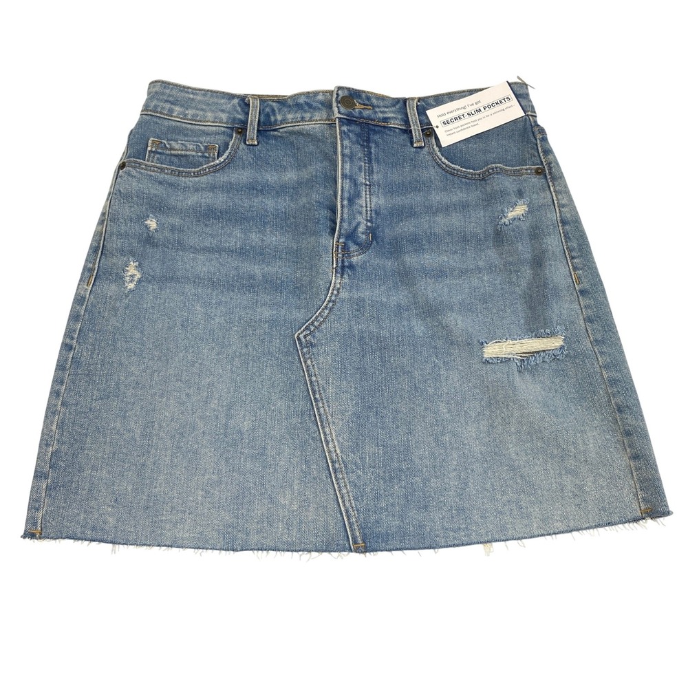 Old Navy Denim Skirt Womens 8 Secret Slim Pockets Distressed Raw Hem Mini NWT